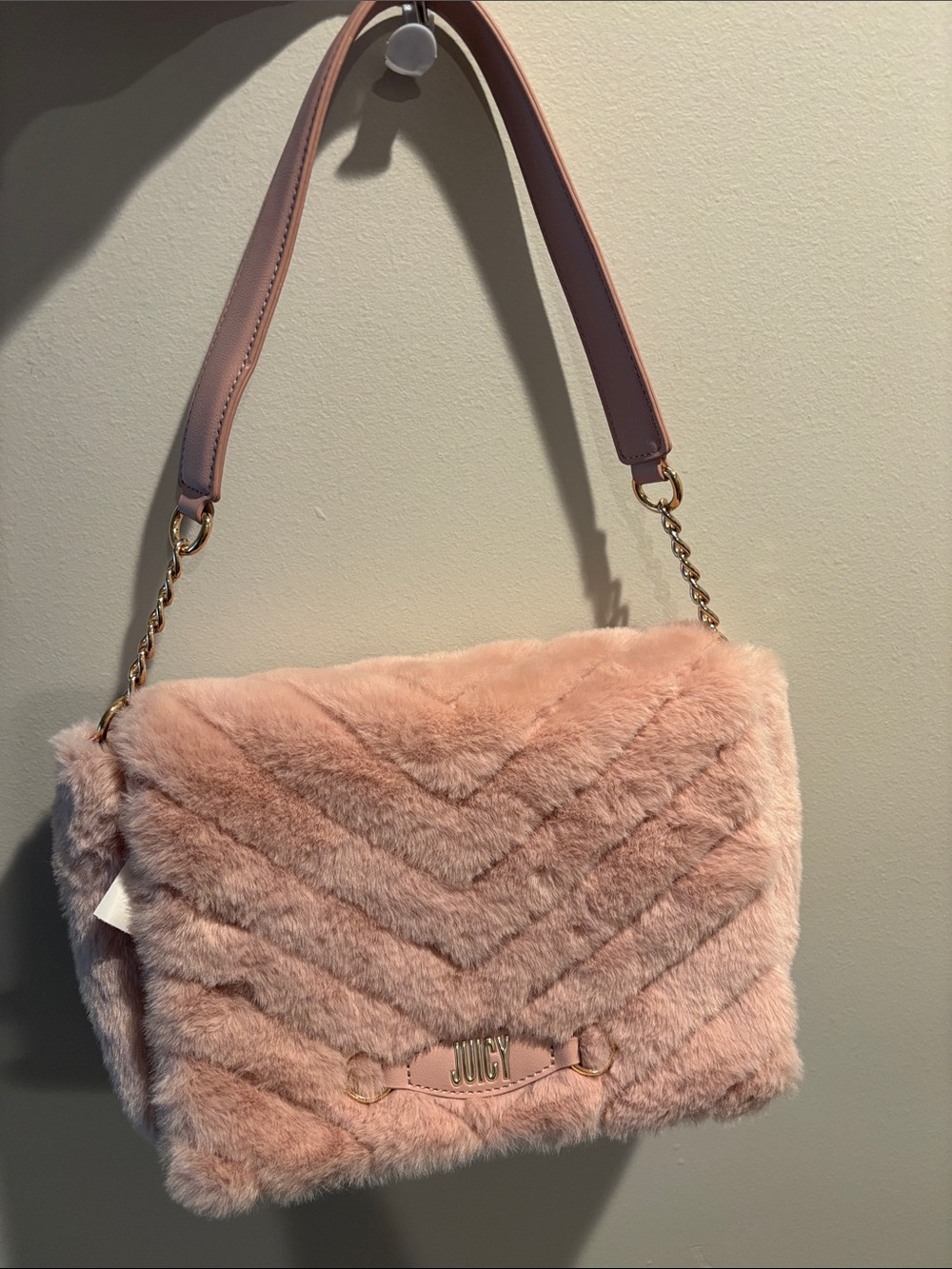 Juicy Couture Blush Pink Plush Shoulder Bag with Gold Hardware